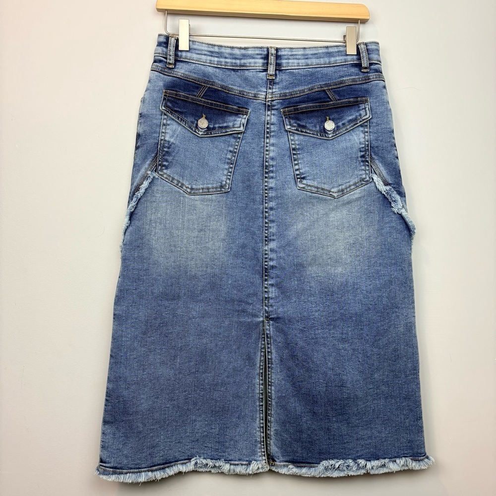 APNY • Fray Hem A-Line Denim Midi Pencil Skirt - Picture 6 of 15